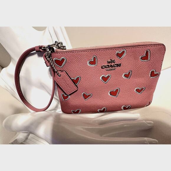 Coach Corner Zip Leather Crossgrain Hearts Wristlet Wallet, Pink & Red, Sz: S - Picture 1 of 13